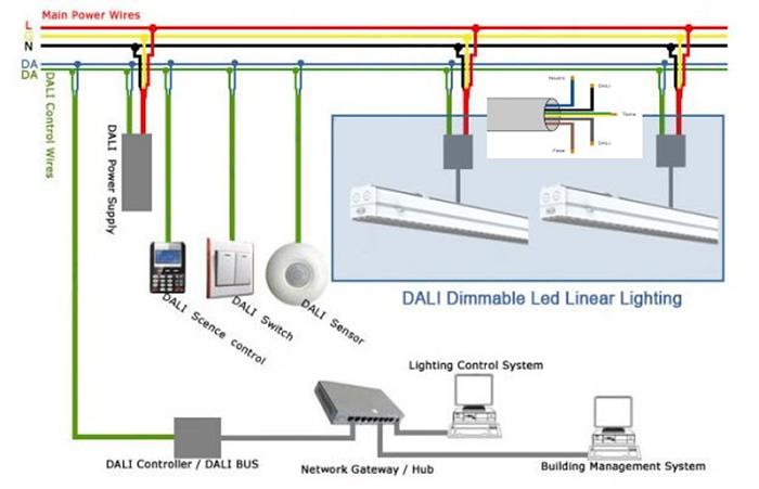Figure 3. The first version of the DALI standard defined a control base that linked all items being powered by the  parallel main AC power wires. (Image source: Omnialed)